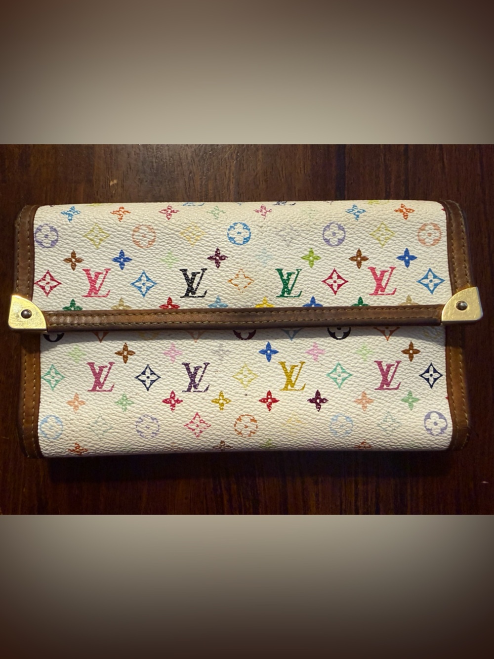 Louis Vuitton Murakami Monogram on White Leather Wallet with Brown Trim